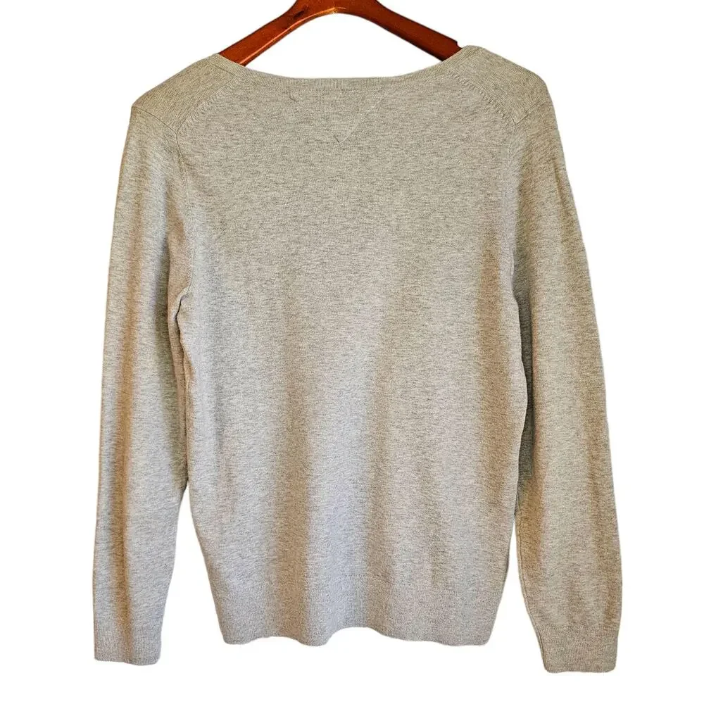 Tommy Hilfiger Grey Pima V-Neck Preppy Heritage Academia Logo Pullover Sweater
